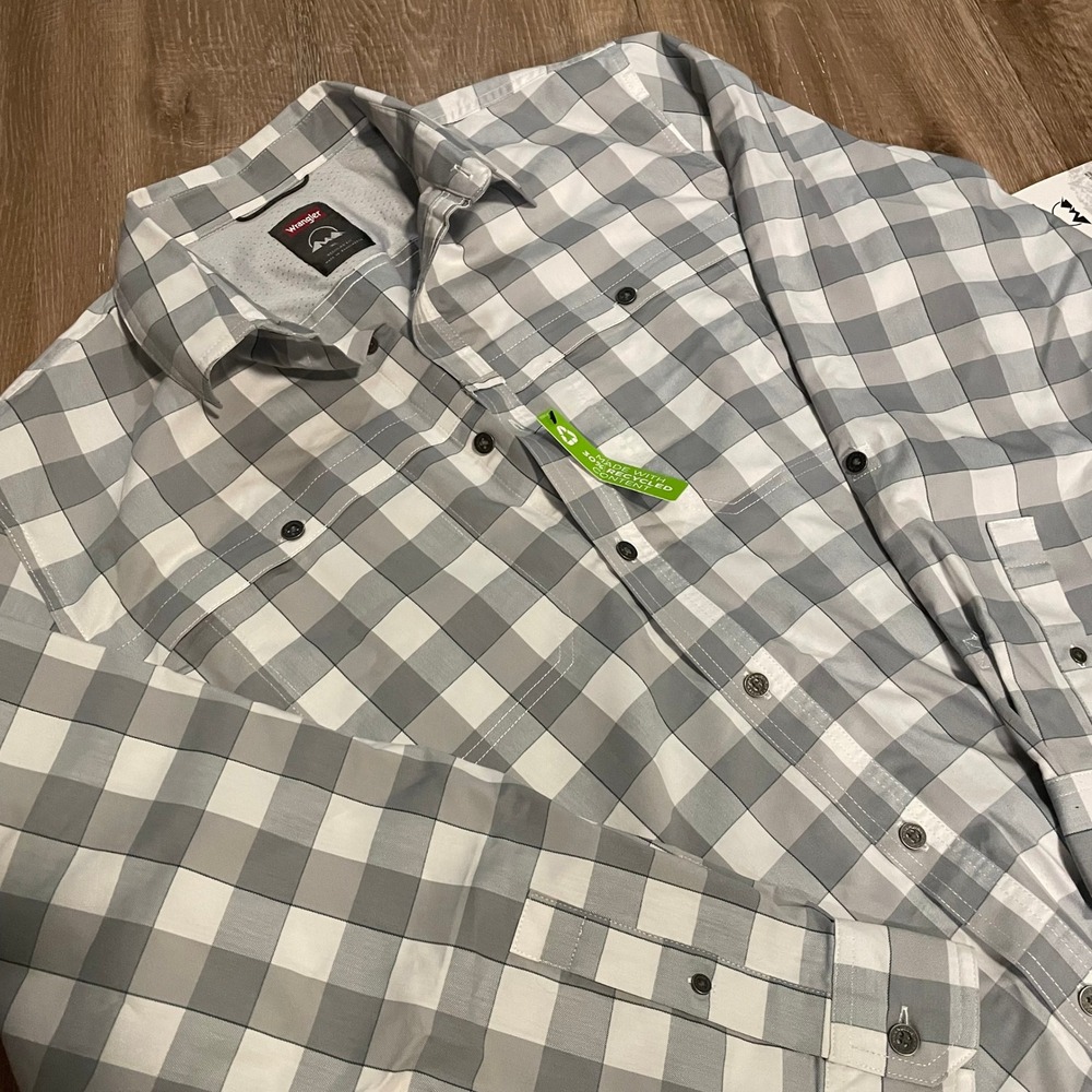 Wrangler Mens Shirt XL Grey White Buffalo Check Cotton Blend Performance Outdoor